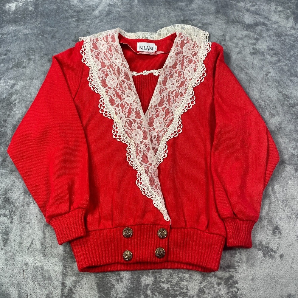 Vintage Nilani Blouse Top Women XL Red Lace‎ Trim Coquette Cottagecore Sweater